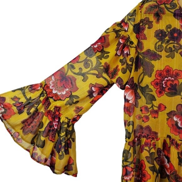 Loft Womens Bell Sleeve Yellow Red Floral Print Ruffle Chiffon Top Size M - Picture 4 of 9